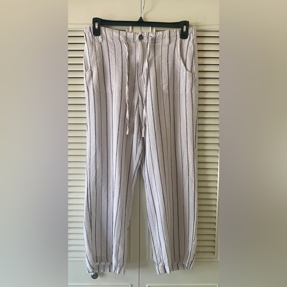 Anti Blue Women’s Linen Blend Wht/Blk Striped Drawstring Pants SZ L (B8) - Picture 1 of 6